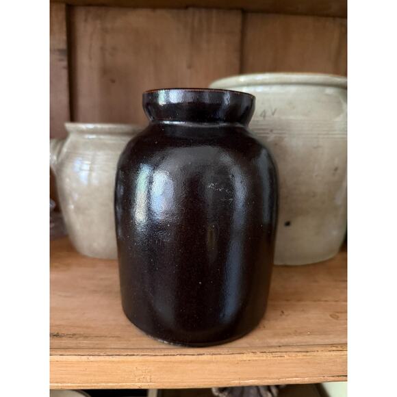 Antique Brown Glazed Handled Pottery Jar Primitive Vessel - Picture 5 of 7